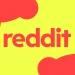 نوشته قرمزرنگ reddit در مرکز پس‌زمینه‌ای به رنگ زرد روشن همراه با طرح‌های گرافیکی انتزاعی از لوگوی ردیت در گوشه‌ها.