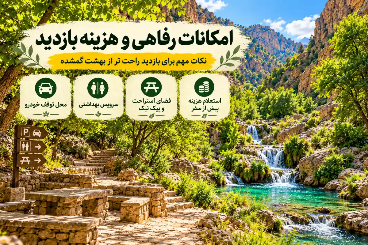 فضای استراحت با میز و نیمکت سنگی کنار رودخانه و آبشار، همراه با راهنمای تصویری امکانات رفاهی و هزینه بازدید.
