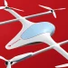 Quadcopter delivery drone in white with four propellers, blue cockpit window, and a Doordash logo on the fuselage against a red background.