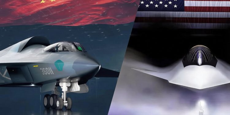 Split-screen image showing a Chinese stealth fighter on the left under a Chinese flag, and a U.S. stealth flying-wing aircraft on the right under an American flag.