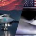 Split-screen image showing a Chinese stealth fighter on the left under a Chinese flag, and a U.S. stealth flying-wing aircraft on the right under an American flag.
