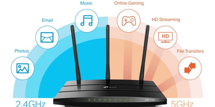 Wi-Fi 2.4 یا 5 گیگاهرتز؛ کدام یک برای اتاق شما بهتر است؟ 1 Dual‑band Wi‑Fi router with three antennas and indicator lights; shows 2.4GHz (blue) and 5GHz (orange) coverage areas.