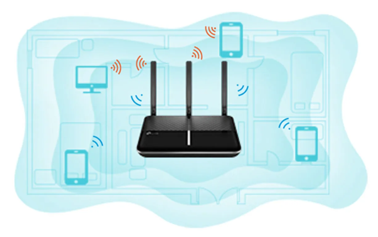 1000086635 روتر بیسیم با سه آنتن که سیگنالهای Wi-Fi را به چندین دستگاه تلفن همراه در یک پسزمینه طرحواره ارسال میکند.