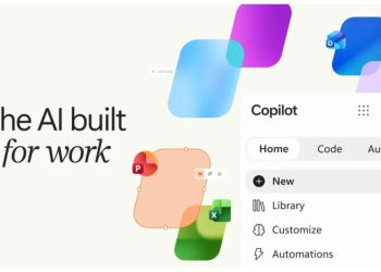 ابربرنامه Copilot مایکروسافت چت، کدنویسی و عوامل هوشمند را یکپارچه کرده است 13 پوستر تبلیغاتی The AI built for work مایکروسافت کوپایلوت با آیکونهای برنامههای اکسل، پاورپوینت و تیمز و منوی کشویی گزینهها.