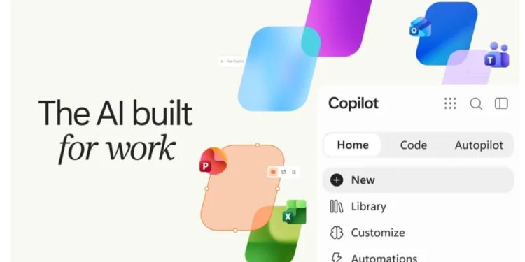 ابربرنامه Copilot مایکروسافت چت، کدنویسی و عوامل هوشمند را یکپارچه کرده است 1 پوستر تبلیغاتی The AI built for work مایکروسافت کوپایلوت با آیکونهای برنامههای اکسل، پاورپوینت و تیمز و منوی کشویی گزینهها.