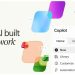 پوستر تبلیغاتی The AI built for work مایکروسافت کوپایلوت با آیکون‌های برنامه‌های اکسل، پاورپوینت و تیمز و منوی کشویی گزینه‌ها.