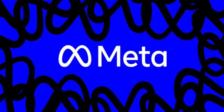لوگوی سفید Meta در مرکز پس‌زمینه آبی روشن، با نقش‌های سیاه درهم‌تنیده در حاشیه‌ها.