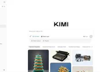 نمای محیط کاربری وب‌سایت و ابزار هوش مصنوعی Kimi با منوی کناری، نوار جستجو و قالب‌های آماده سه‌بعدی و طراحی.