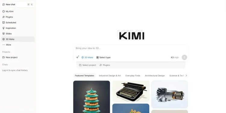 اولین عضو از نسل جدید کیمی K3.1 با سه تریلیون پارامتر معرفی شد 1 نمای محیط کاربری وبسایت و ابزار هوش مصنوعی Kimi با منوی کناری، نوار جستجو و قالبهای آماده سهبعدی و طراحی.
