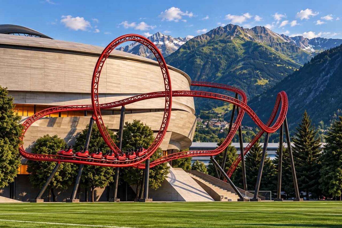 نمای نزدیک از ترن هوایی قرمز در کنار استادیوم جدید Sion Swiss