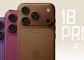 Close-up of three iPhone-like smartphones in purple, pink, and bronze with triple-camera backs; bold '18 PRO' lettering on a beige background.