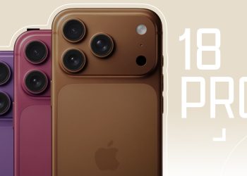 Close-up of three iPhone-like smartphones in purple, pink, and bronze with triple-camera backs; bold '18 PRO' lettering on a beige background.