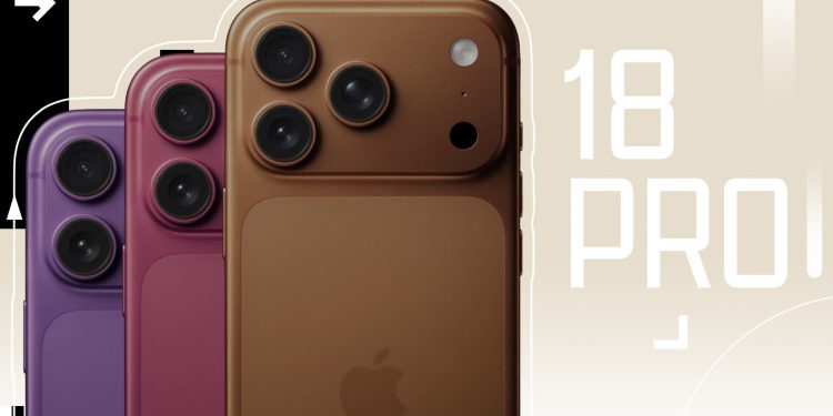 Close-up of three iPhone-like smartphones in purple, pink, and bronze with triple-camera backs; bold '18 PRO' lettering on a beige background.