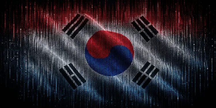 South Korean flag overlaid with glowing binary code, symbolizing cybersecurity in Korea.