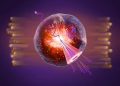 Abstract science illustration of a glowing cell with a pink funnel-shaped device emitting purple strands of light