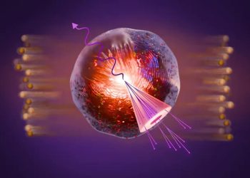Abstract science illustration of a glowing cell with a pink funnel-shaped device emitting purple strands of light
