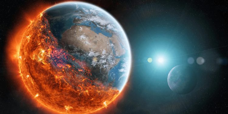 A fiery, lava-covered planet next to a blue-green Earth-like world with a bright star in the distance.