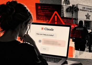 Person sits at a laptop open to a Claude chat window, with a sheriff’s office and officers in the background, implying online help near law enforcement.