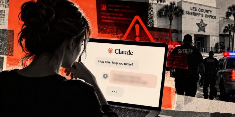 Person sits at a laptop open to a Claude chat window, with a sheriff’s office and officers in the background, implying online help near law enforcement.