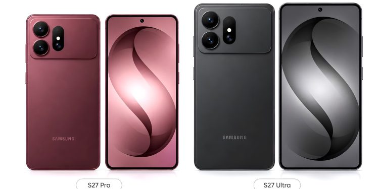 Side-by-side Samsung S27 Pro (red) and S27 Ultra (gray) smartphones, showing rear camera modules and tall edge-to-edge displays on both.