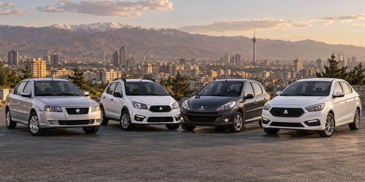 قیمت خودرو در بازار تهران; ساینا 1.8 میلیارد و ریرا 4.77 میلیارد تومان اعلام شد 1 Four sedans lined up on a parking area with a city skyline and snow-capped mountains in the distance at sunset.