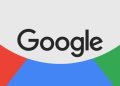 لوگوی مشکی‌رنگ Google در مرکز کادری بیضی با پس‌زمینه سه‌رنگ قرمز، آبی و سبز.