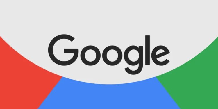 لوگوی مشکی‌رنگ Google در مرکز کادری بیضی با پس‌زمینه سه‌رنگ قرمز، آبی و سبز.