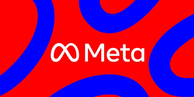 لوگوی سفید شرکت Meta، شامل علامت بی‌نهایت و واژه Meta، در مرکز یک پس‌زمینه قرمز پررنگ با نوارهای منحنی آبی که به شکل چرخان از چهار گوشه تصویر به سمت مرکز حرکت می‌کنند