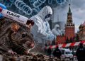 Rat in the foreground with a plague test tube, gloved hand, hazmat researchers, and Moscow's Red Square backdrop while a barrier is visible.