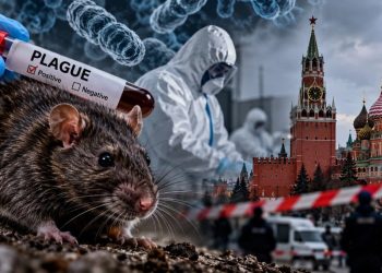 Rat in the foreground with a plague test tube, gloved hand, hazmat researchers, and Moscow's Red Square backdrop while a barrier is visible.