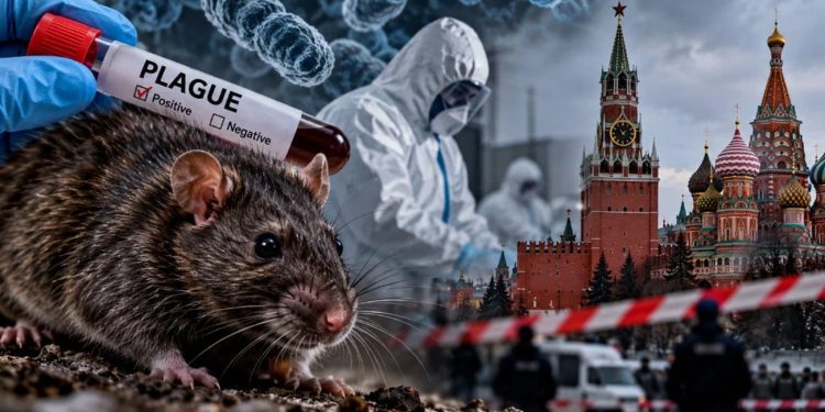 هشدار طاعون در روسیه: گزارش ها از مرگ احتمالی دوم 1 Rat in the foreground with a plague test tube, gloved hand, hazmat researchers, and Moscow's Red Square backdrop while a barrier is visible.