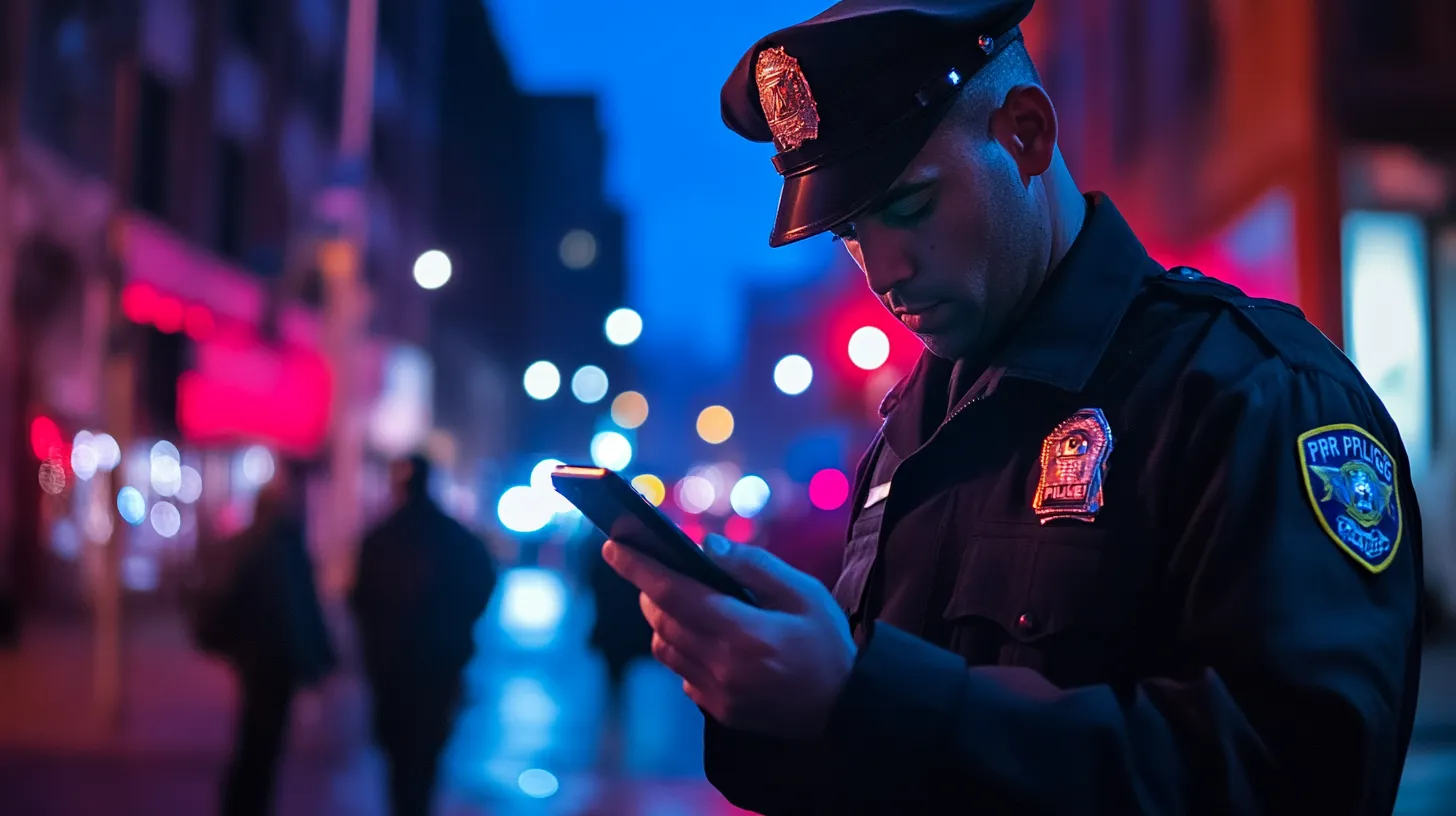 ios-18-Enhanced-security-Against-Policy-1 افسر پلیس در شب، در حالی که به یک تلفن هوشمند در یک خیابان نورپردازی نئون شهر نگاه می کند.
