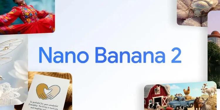 گوگل از مدل Nano Banana 2.1 رونمایی کرد 1 تصویر تبلیغاتی مدل Nano Banana 2 با متن آبی رنگ در مرکز پسزمینهی سفید، که در اطراف آن چند تصویر نمونهی تولیدشده با هوش مصنوعی دیده میشود؛ از جمله زنی با پیراهن قرمز گلدار، حشرهای روی گل، کارت تشکر با نقاشی دستان قلبشکل، و صحنهی مزرعه با حیوانات کارتونی و تراکتور
